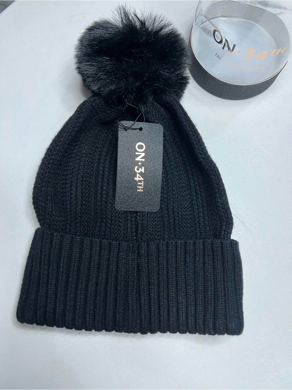 ON.34TH Black Ribbed Pom-Pom Beanie